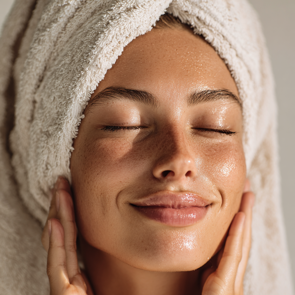 Mulher com pele saudável e luminosa, representando os benefícios da limpeza de pele em casa.