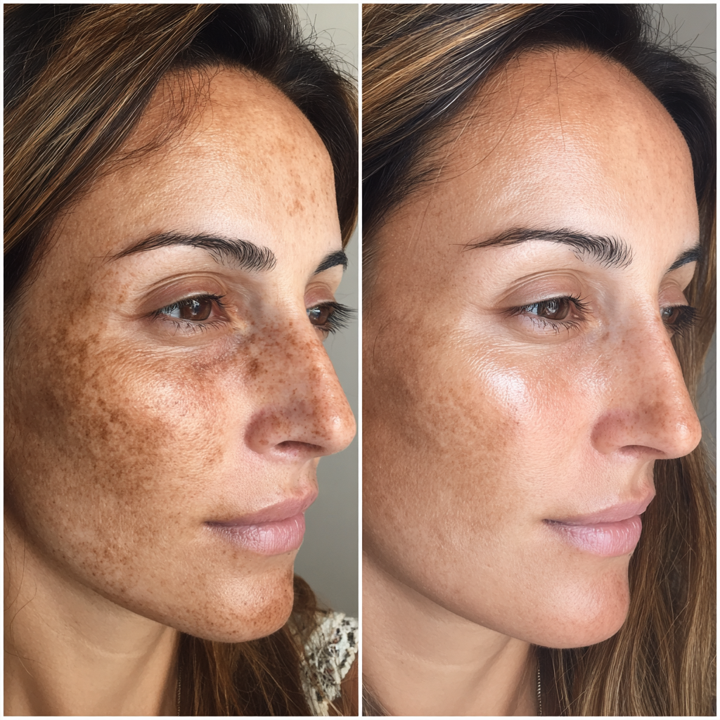 Mulher com pele saudável e uniforme, representando os resultados positivos do tratamento para melasma.