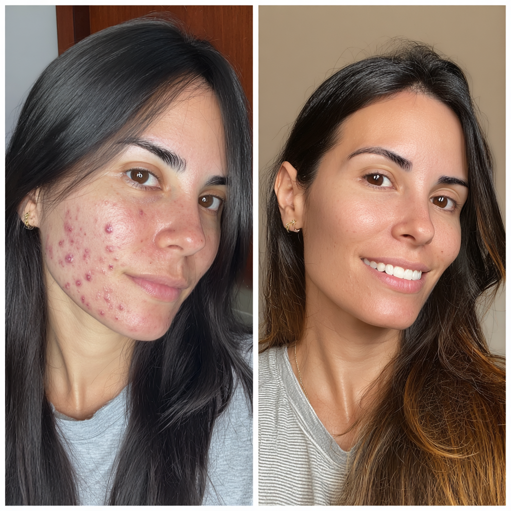Mulher de 30 anos com pele lisa e saudável, representando os resultados de eliminar cicatrizes da acne