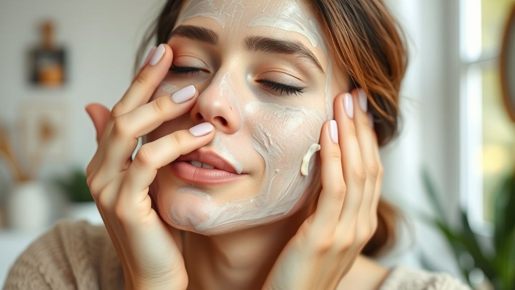 Mulher aplicando máscara natural antirrugas no rosto de forma cuidadosa em casa