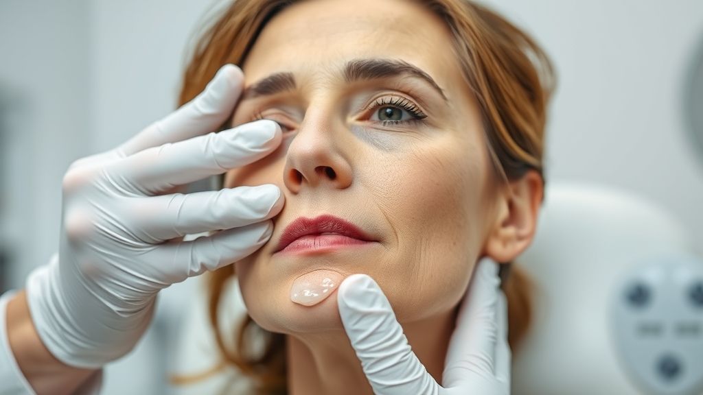 Dermatologista aplicando produto anti-rugas para menopausa no rosto de paciente de meia-idade em clínica moderna.
