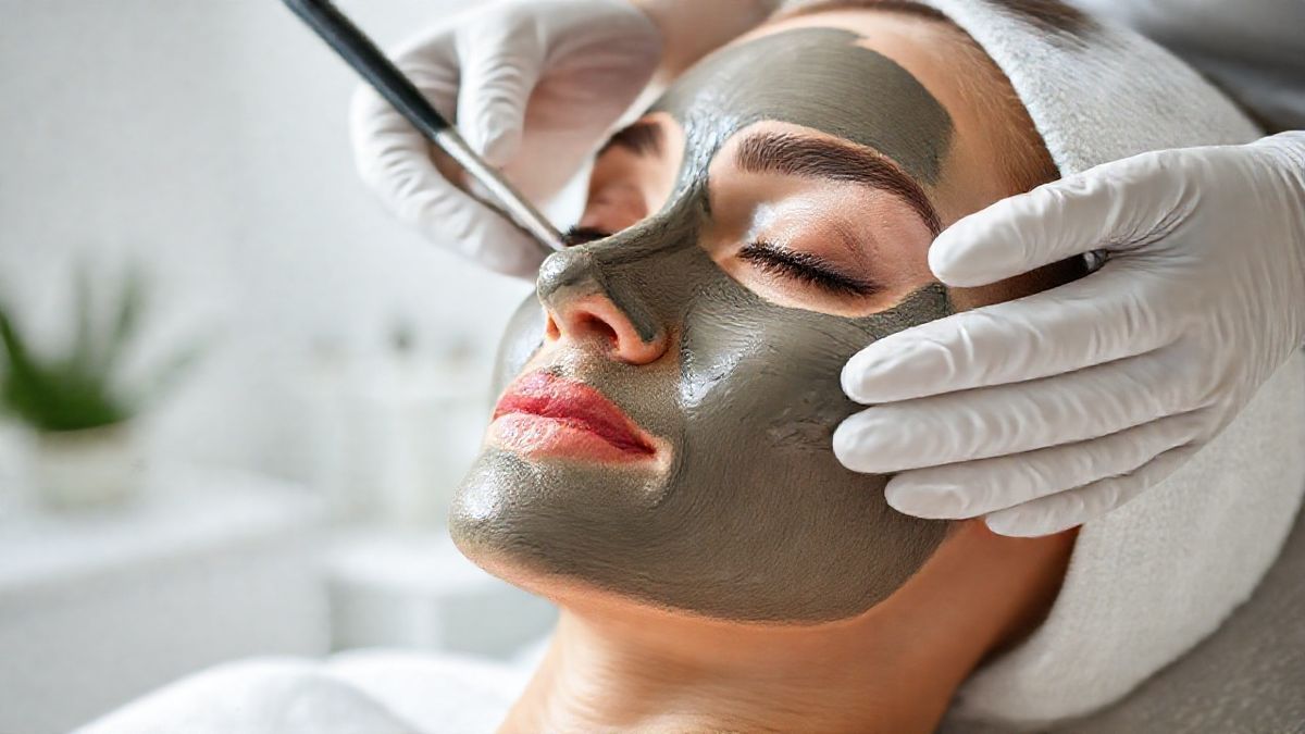 Esteticista aplicando máscara de argila no rosto de uma paciente em ambiente de clínica moderna