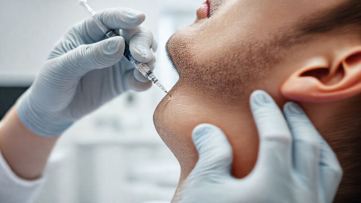 Médica aplicando injeções no trapézio de uma paciente em ambiente clínico