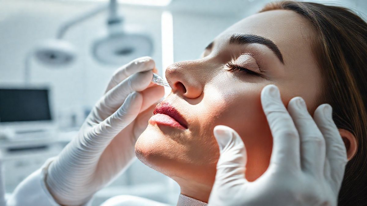 Profissional de saúde qualificado aplicando botox nos músculos da mastigação de uma paciente em clínica moderna
