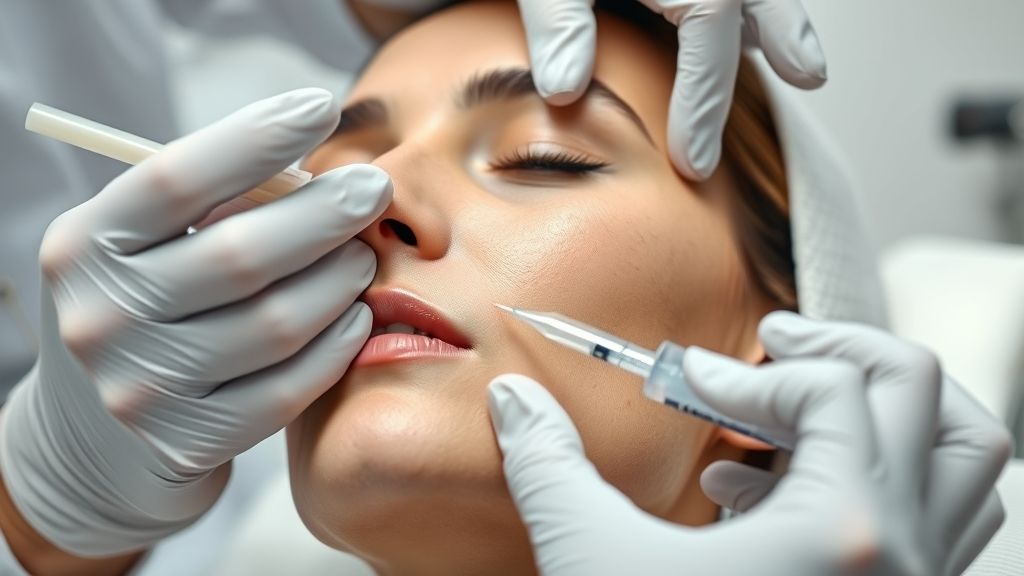 Profissional qualificado aplicando injeções de botox x preenchimento no rosto de uma paciente em clínica moderna