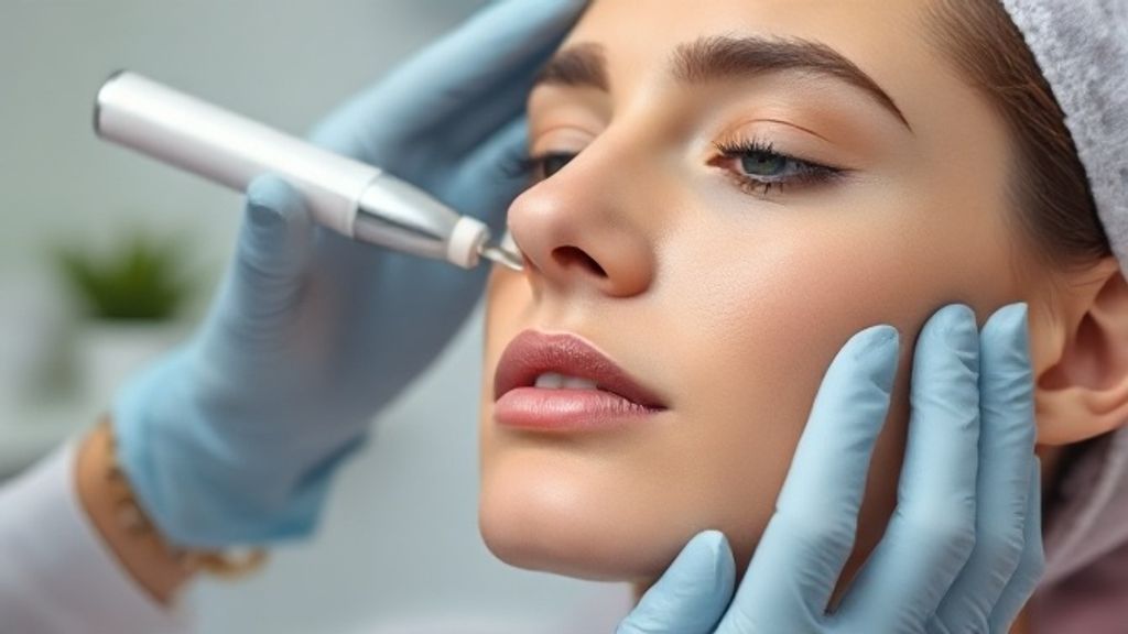 Profissional da estética aplicando clareador de pele no rosto de paciente em clínica moderna