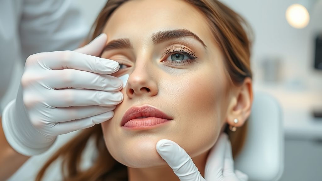 Profissional de estética aplicando creme antirrugas no rosto de uma paciente.