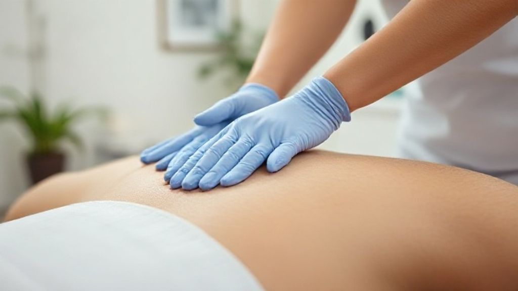 Fisioterapeuta ou esteticista realizando drenagem linfática manual em paciente em clínica moderna.