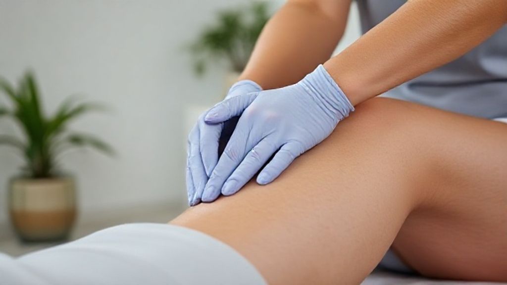Profissional de estética realizando drenagem linfática manual em pernas de paciente, ambiente de clínica moderna.