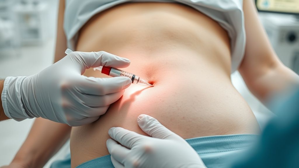 Profissional de estética aplicando enzimas com agulha fina no abdômen de uma paciente em ambiente clínico.