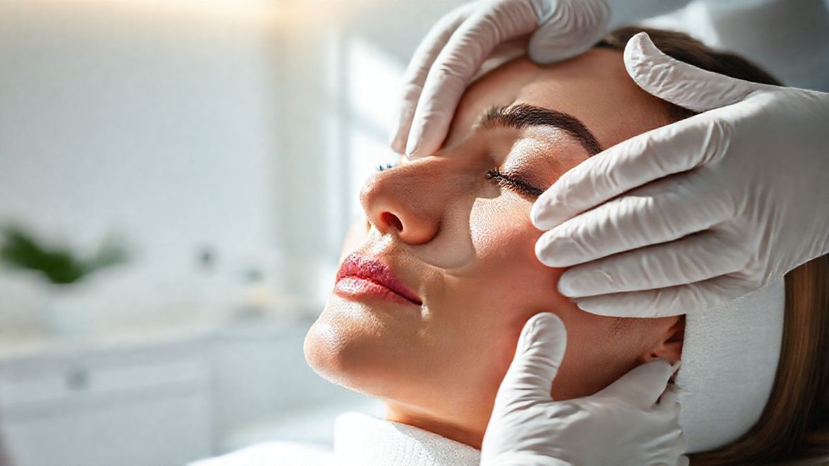 Dermatologista aplicando profissionalmente o tratamento com exossomos no rosto de uma paciente em clínica moderna.