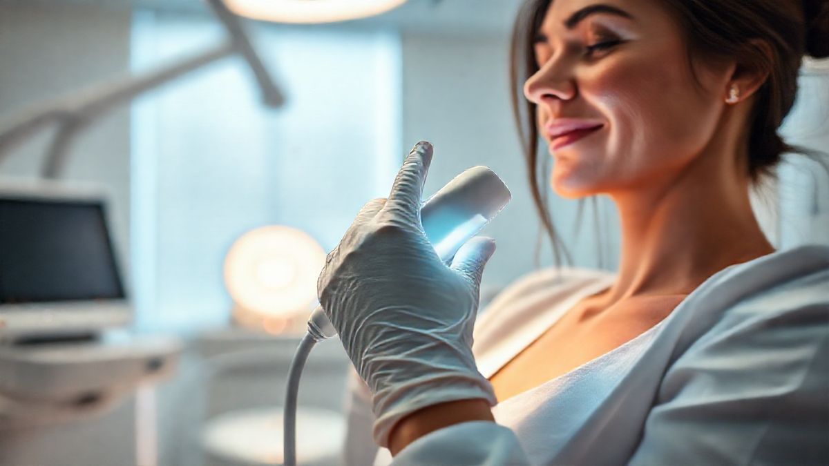 Profissional de saúde aplicando o rejuvenescimento íntimo com laser Fotona em clínica moderna, com paciente em posição confortável.