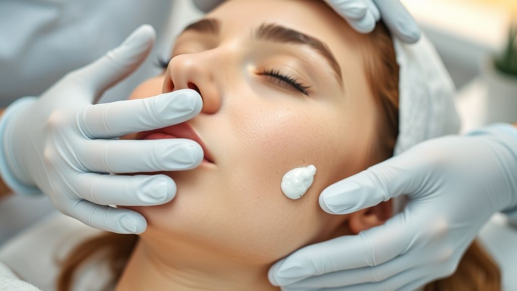 Profissional de estética aplicando técnica suave de higienização facial em paciente com acne.