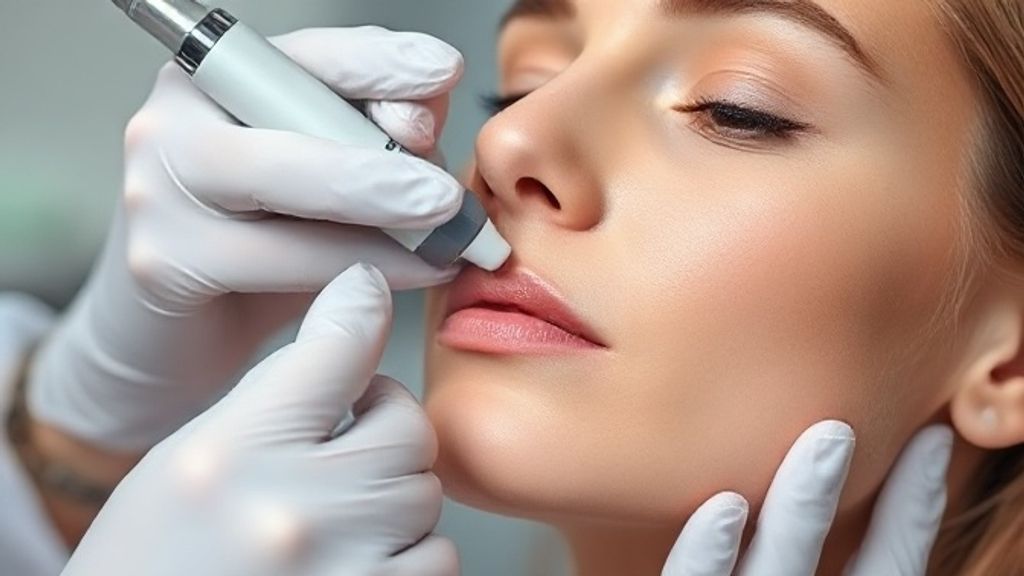 Profissional de saúde aplicando microagulhamento no rosto de uma paciente em clínica moderna.