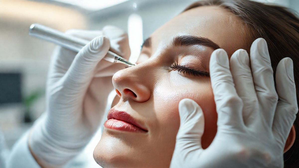 Profissional de saúde aplicando microbotox de forma precisa no rosto da paciente