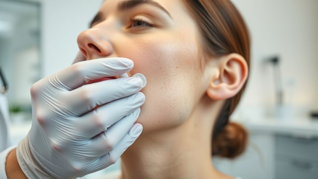 Dermatologista aplicando peróxido de benzoíla em gel na pele de uma paciente com acne em ambiente clínico.