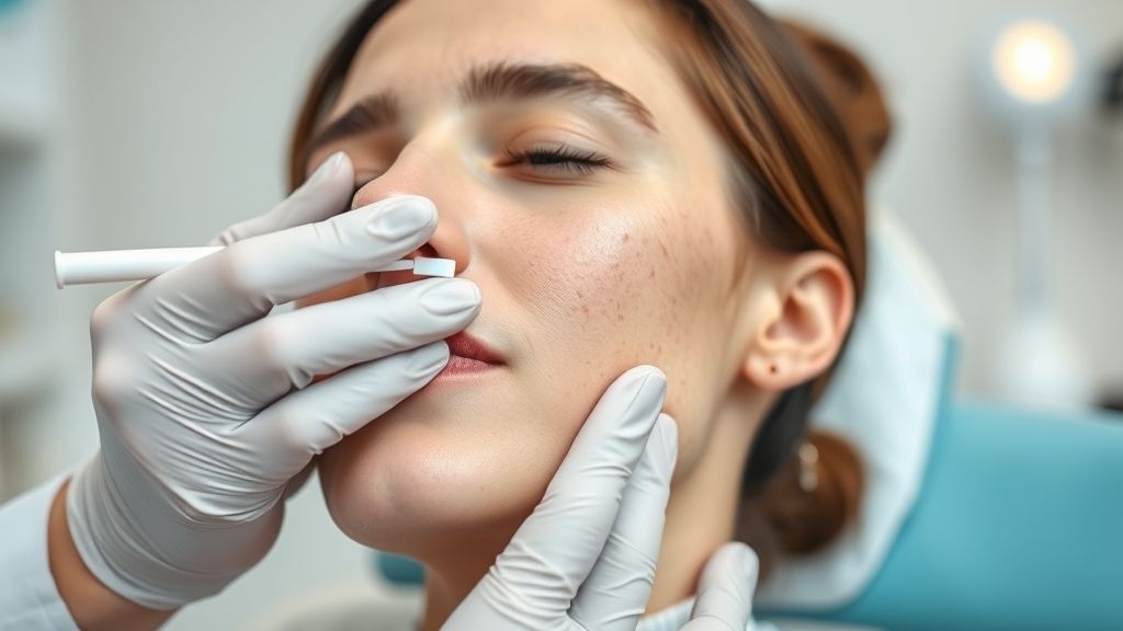 Dermatologista aplicando pomada para espinha no rosto de uma paciente em ambiente clínico.