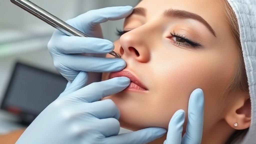 Profissional aplicando preenchimento ou botox no rosto de uma paciente em clínica estética moderna.