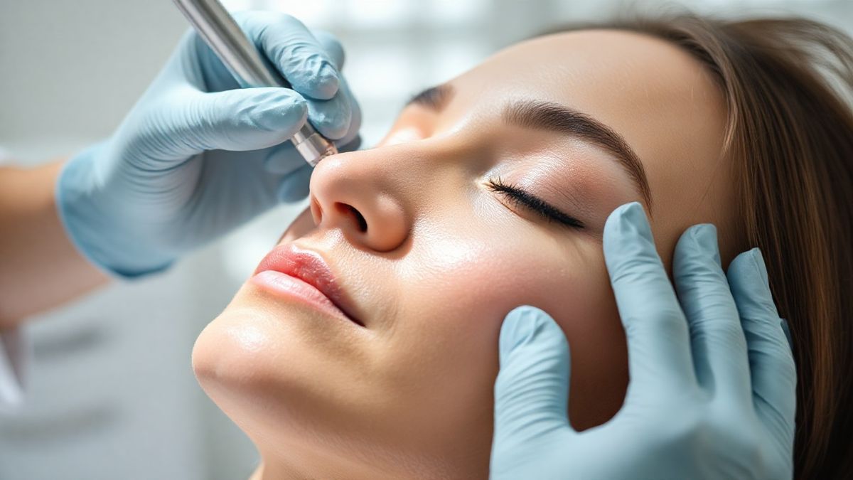 Dermatologista aplicando procedimento facial em paciente em clínica moderna e segura.