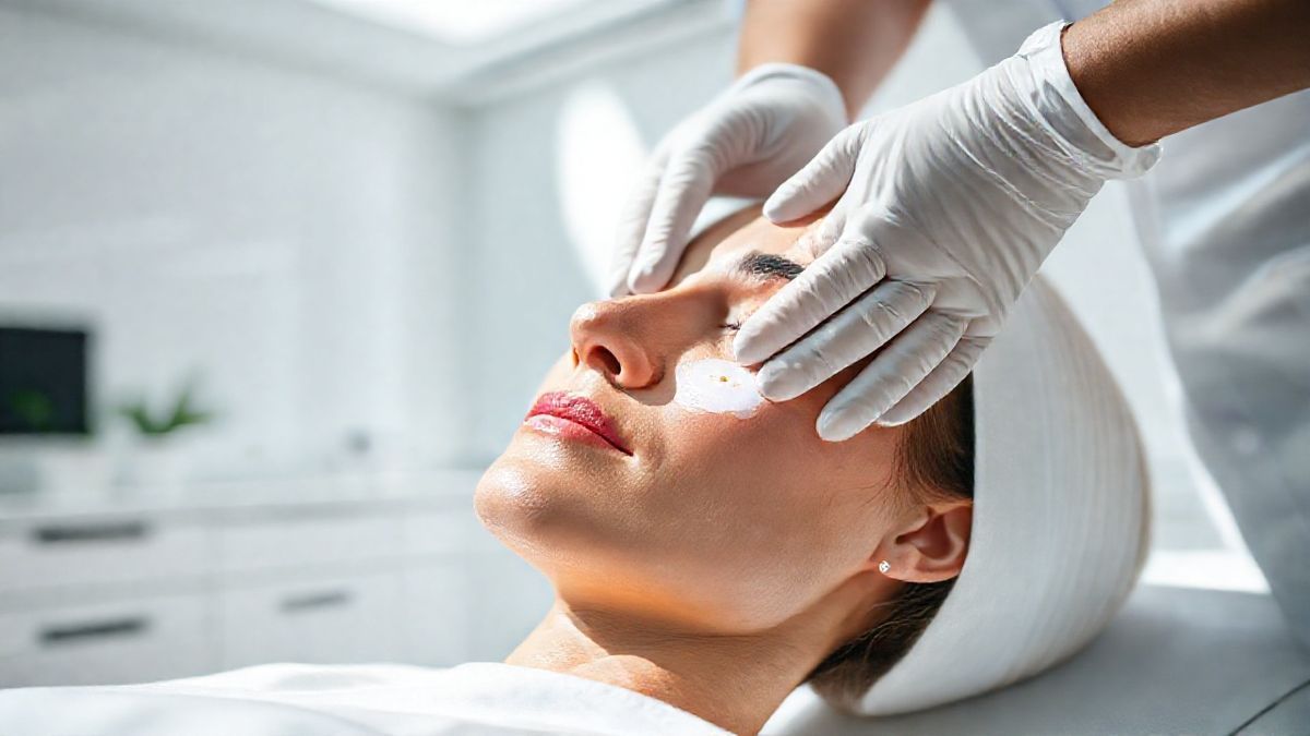 Dermatologista aplicando protetor solar no rosto de uma paciente após procedimento estético para melasma.