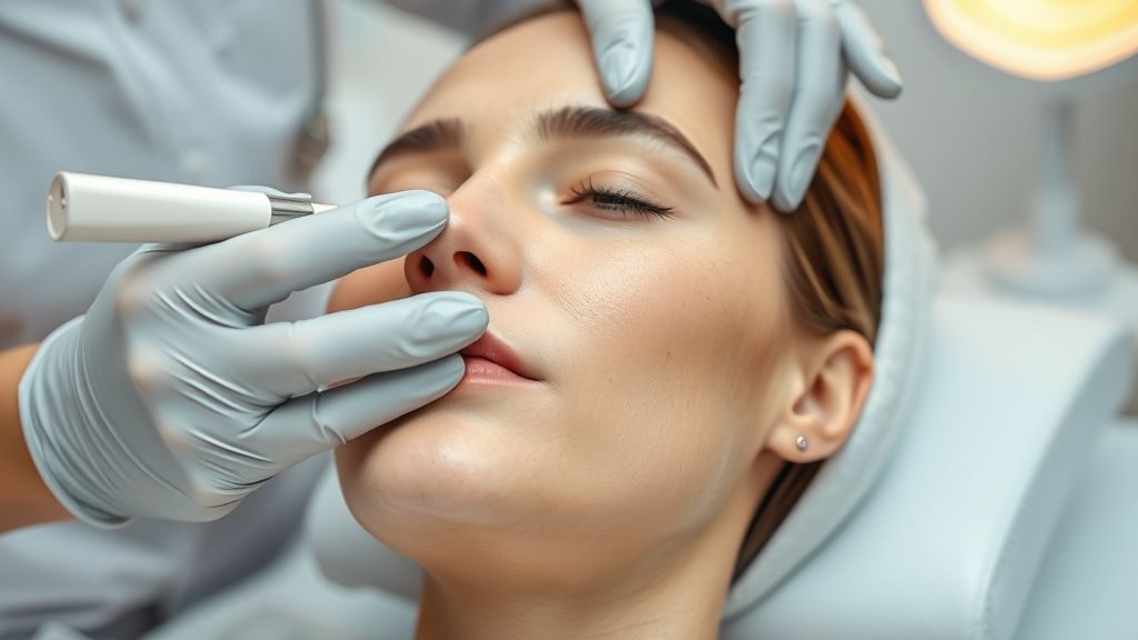 Profissional de estética aplicando radiofrequência no rosto de paciente em clínica moderna.