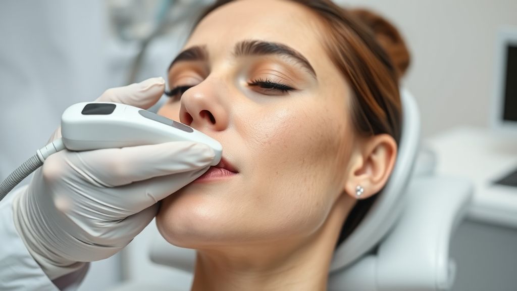 Profissional da estética aplicando radiofrequência no rosto de uma paciente em clínica moderna.