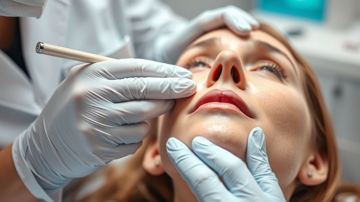 Profissional de estética aplicando retinal de forma tópica no rosto de paciente em ambiente clínico moderno.