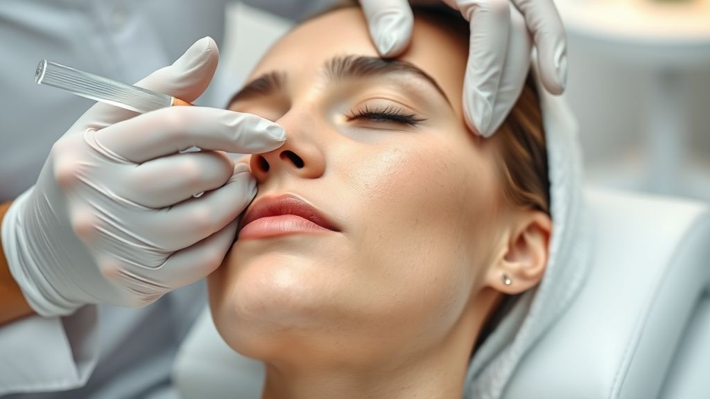 Dermatologista aplicando skinbooster com ácido hialurônico no rosto de uma paciente em clínica moderna