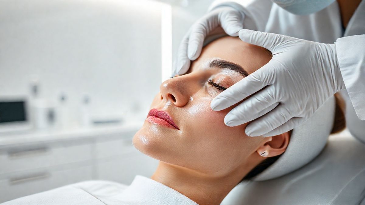 Profissional de saúde aplicando tratamento calmante e protetor solar em paciente com rosácea