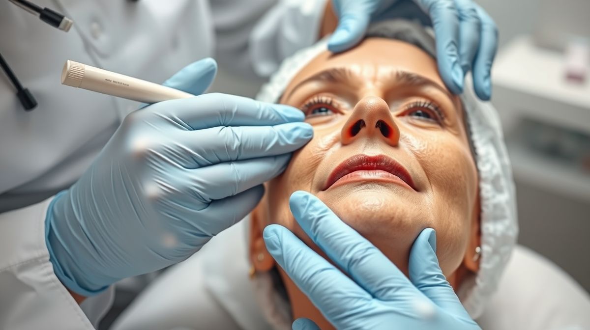 Profissional aplicando tratamento anti-idade no rosto de paciente com pele madura em clínica moderna.