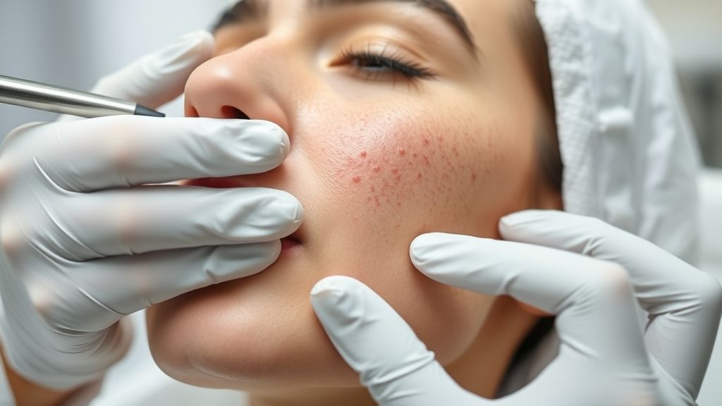 Profissional de estética aplicando tratamento para tirar manchas de espinhas do rosto em paciente relaxada