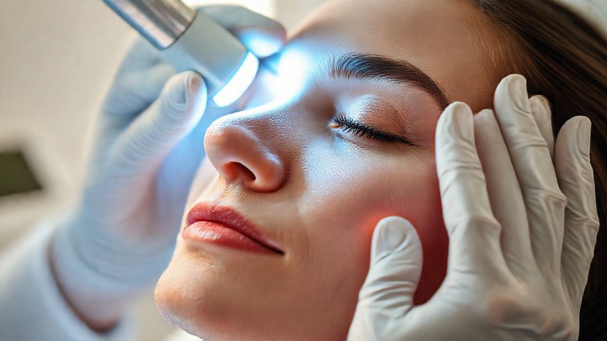 Dermatologista aplicando luz pulsada ou laser para o tratamento de rosácea em paciente