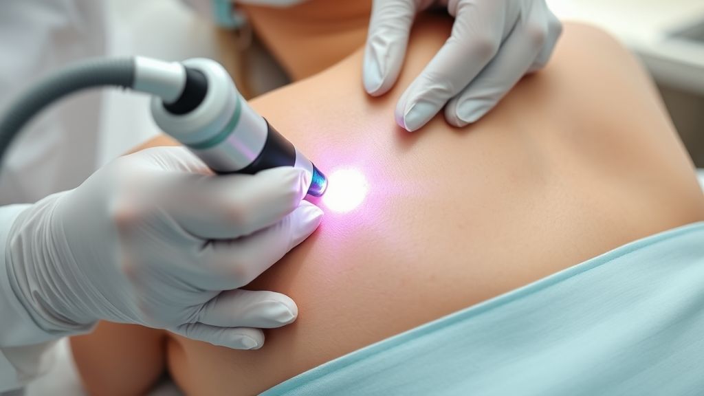 Profissional de saúde aplicando tratamento a laser em manchas corporais de uma paciente