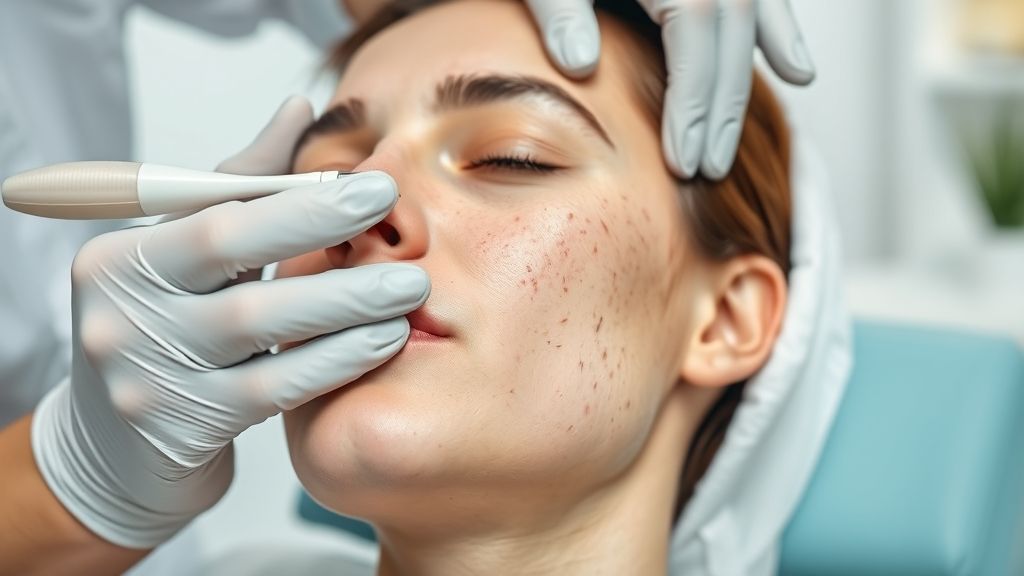 Profissional de saúde aplicando tratamento facial em paciente com acne adulta em clínica dermatológica.