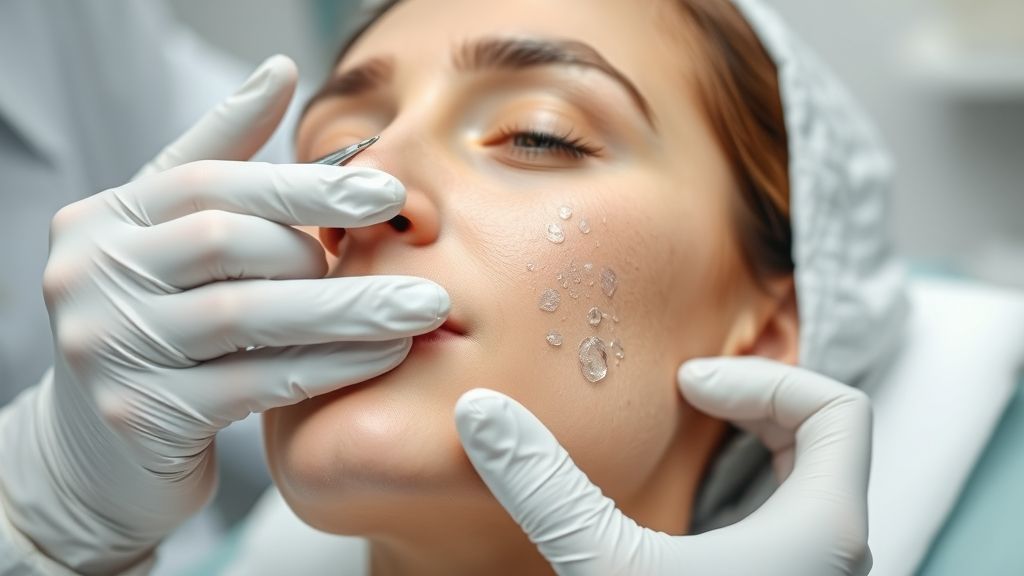 Dermatologista aplicando tratamento no rosto de paciente com espinha interna em ambiente de clínica moderna