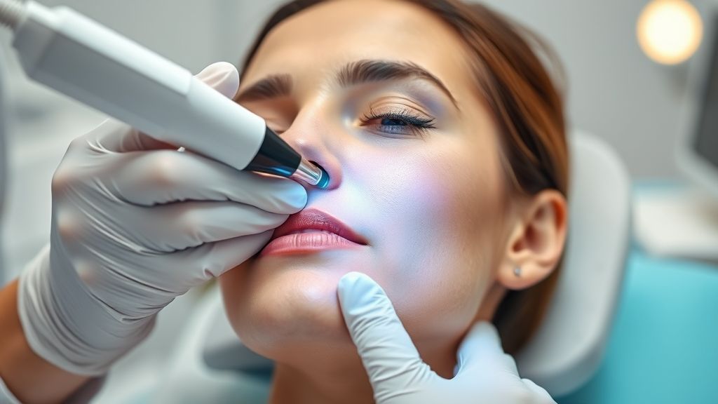 Dermatologista aplicando laser para tratamento de melasma em paciente em clínica estética.