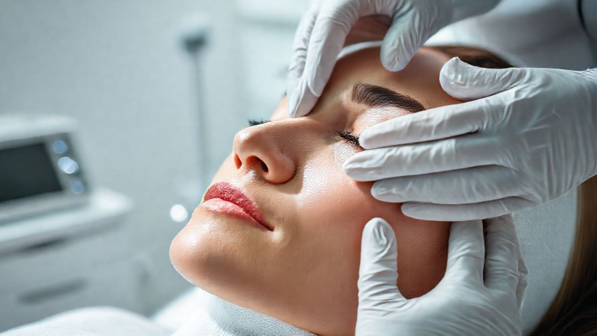 Profissional de estética aplicando tratamento dermatológico contra melasma no rosto de uma paciente em clínica moderna.