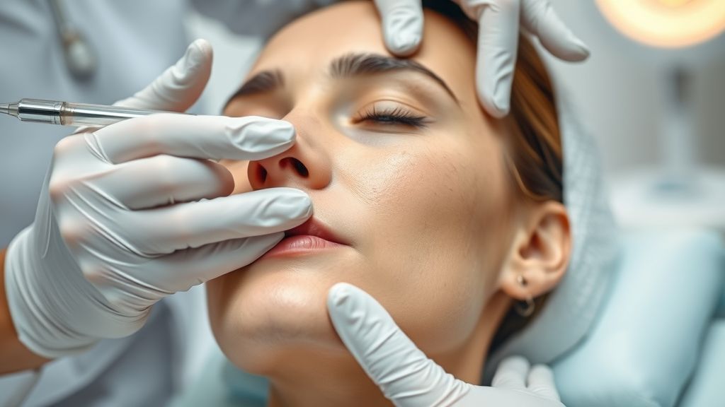 Dermatologista aplicando um procedimento para rugas no rosto de uma paciente em clínica moderna.