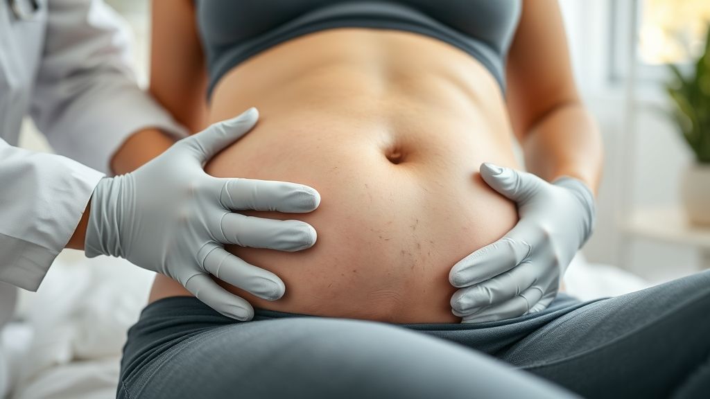 Profissional aplicando drenagem linfática em paciente no pós-parto em ambiente clínico moderno