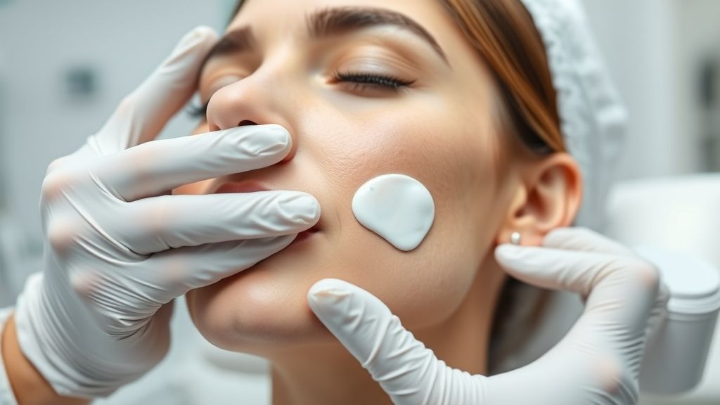 Dermatologista aplicando medicamento tópico Vitacid no rosto de paciente durante a rotina dermatológica