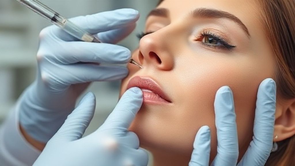 Dermatologista aplicando preenchimento com ácido hialurônico em paciente.