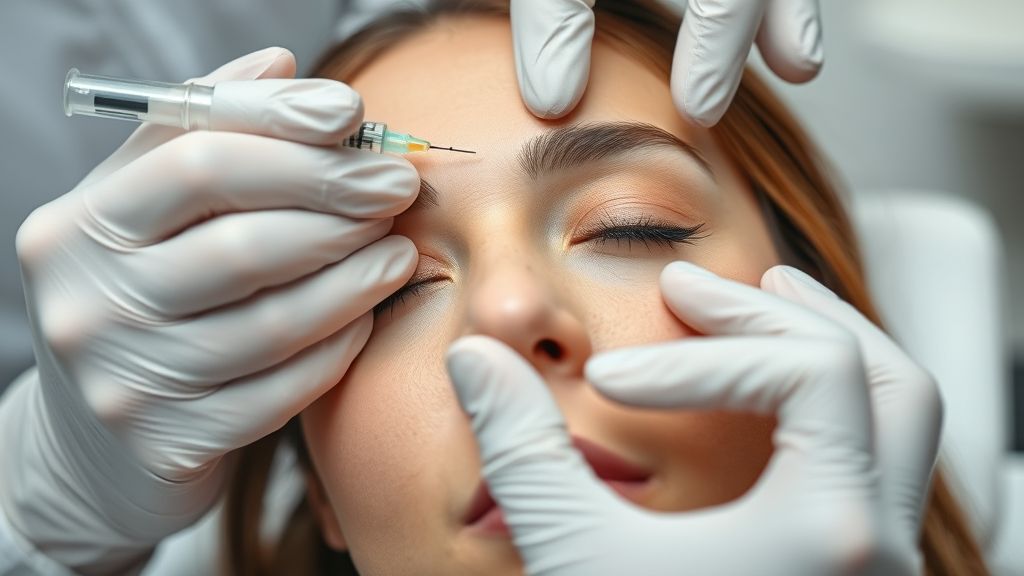 Dermatologista aplicando toxina botulínica no rosto de paciente em clínica moderna