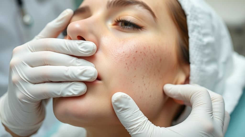 Dermatologista aplicando tratamento suave em paciente com pele seca e acne em clínica moderna