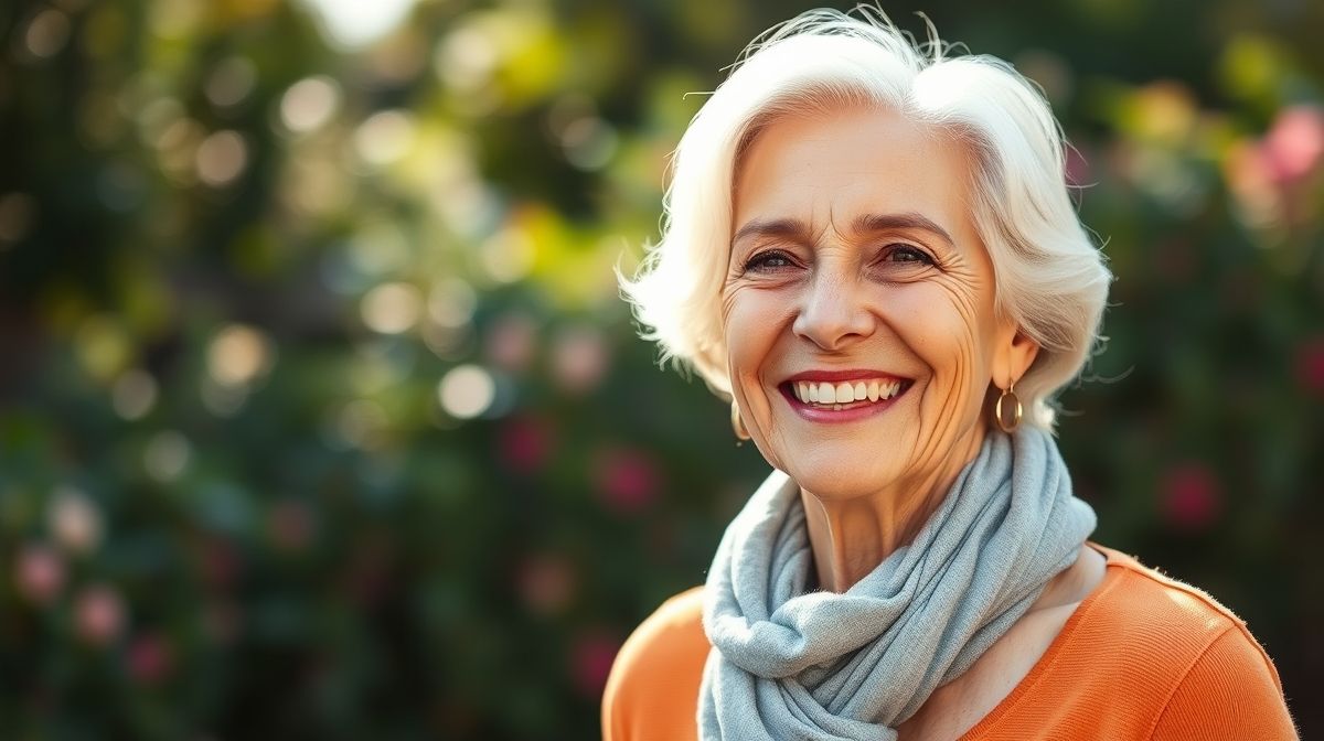 Mulher madura sorridente, com pele saudável, representando autoestima elevada após cuidados estéticos
