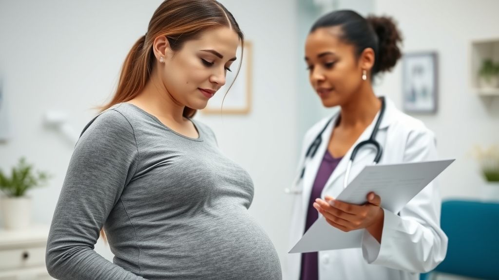 Dermatologista avaliando pele de uma gestante em clínica moderna e segura