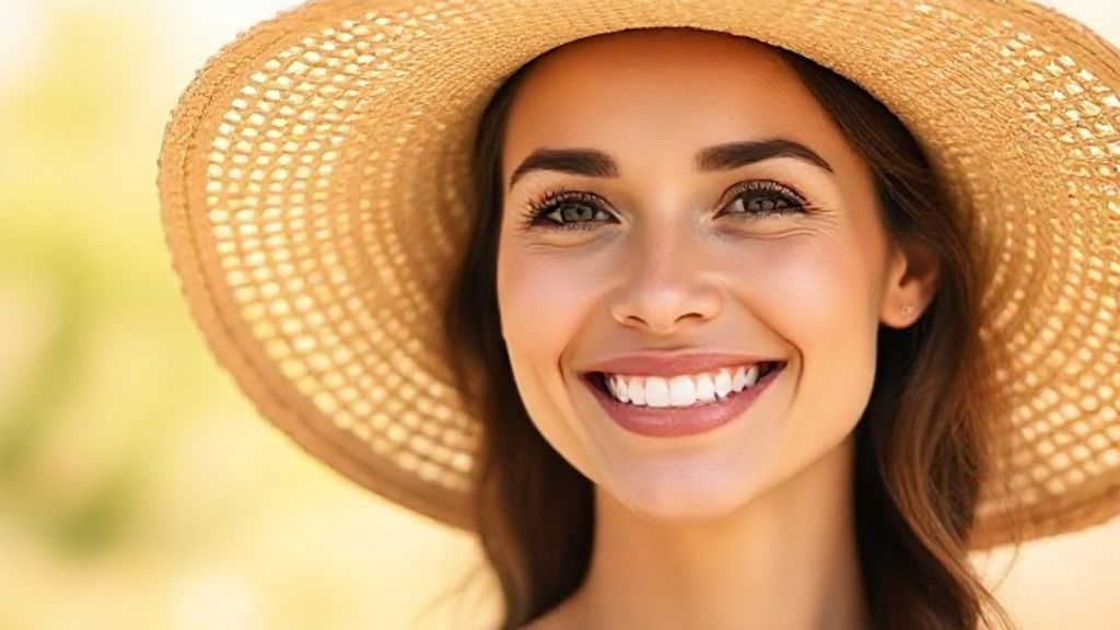 Mulher com pele saudável e chapéu de palha, demonstrando os benefícios dos cuidados com a pele ao tomar sol.