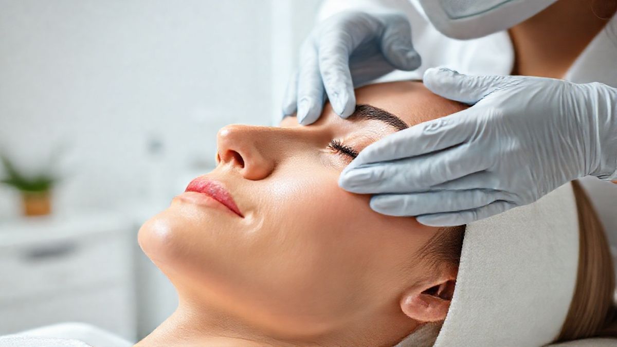 Esteticista aplicando tratamento facial em paciente em clínica moderna e segura