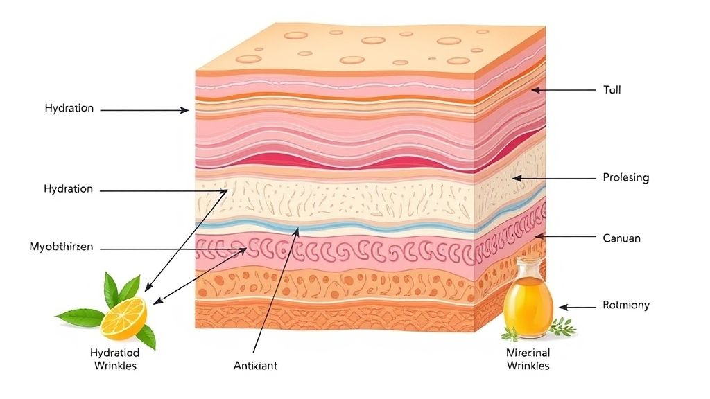 Diagrama mostrando como ingredientes naturais hidratam e nutrem a pele para suavizar rugas