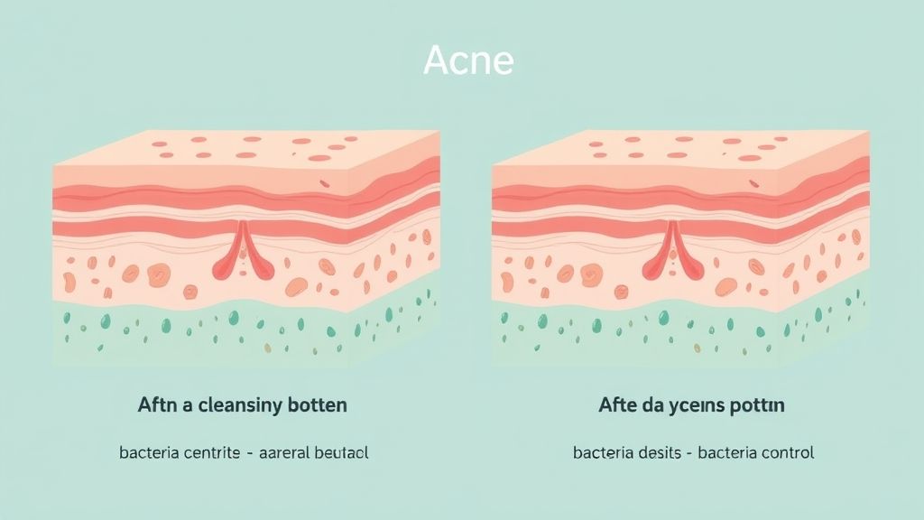 Diagrama mostrando a ação da limpeza removendo oleosidade e impurezas da pele com acne.