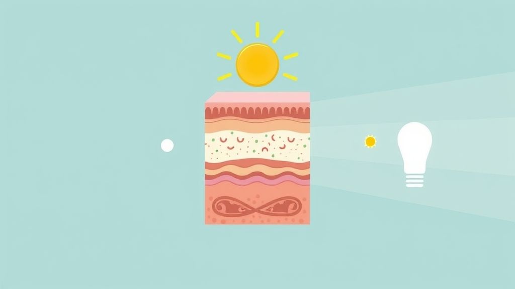 Diagrama mostrando como o protetor solar protege as camadas da pele contra raios UVA e UVB.